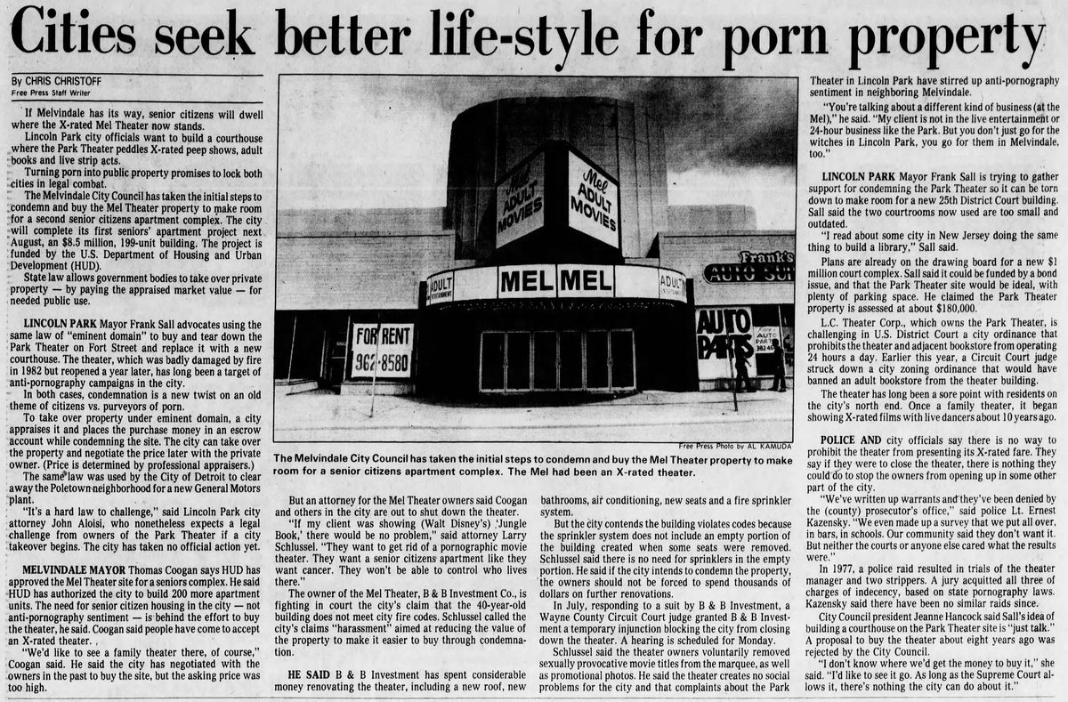 Mel Theatre - Sept 6 1984 Article On Porn Issue